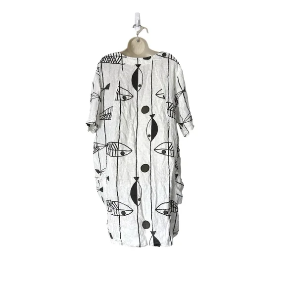Vasna 100% Linen Fish Print Dress Plus Sz 1X Pockets Lagenlook Coastal Beach Art - Picture 3 of 10